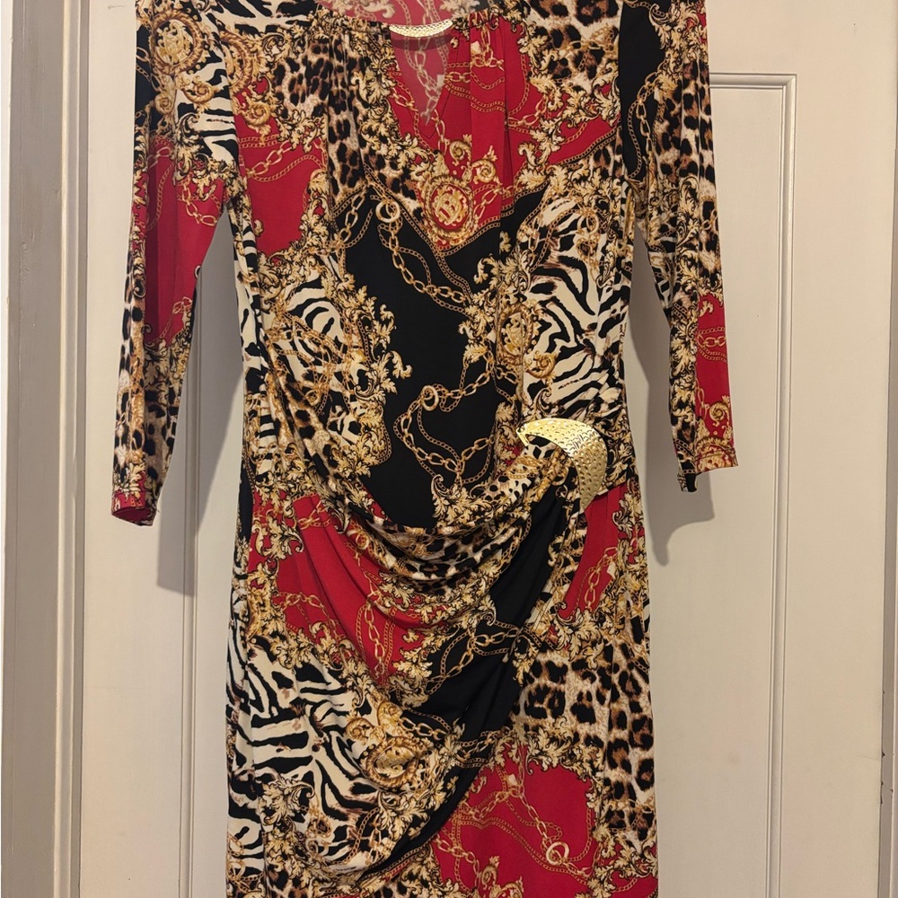 Thalia Sodi Black and Red Bodycon Dress V-neck Long Sleeve